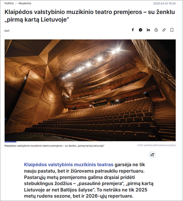 A page from a newspaper with a picture of a theater and the words "Klaipedos valstybinio muzikos teatriu - su zenku Liepajvo" written at the top.
AI generated content