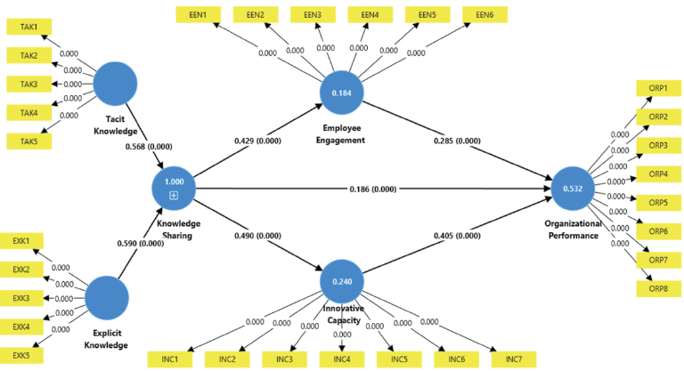 A conceptual diagram showing relationships between Tacit Knowledge, Explicit Knowledge, Knowledge Sharing, Employee Engagement, Innovative Work Behavior, and Organizational Performance with labeled nodes and connecting arrows.

Description generated by AI