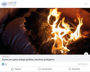 [Paveiksle pateikiamas tikros naujienos stimulo pavyzdys „Facebook“ įrašo formatu. Pavaizduotos dvi tos pačios naujienos versijos su identiška iliustracija ir mažesniu patiktukų skaičiumi, tačiau skirtingomis antraštėmis: neutralia („Kaune per gaisrą išdegė pastatas, įtariamas padegimas“) ir sensacinga („Kraupi nelaimė: Kaune per gaisrą išdegė pastatas, įtariamas padegimas“). Šis pavyzdys iliustruoja manipuliaciją antraščių sensacingumu tyrime.]
