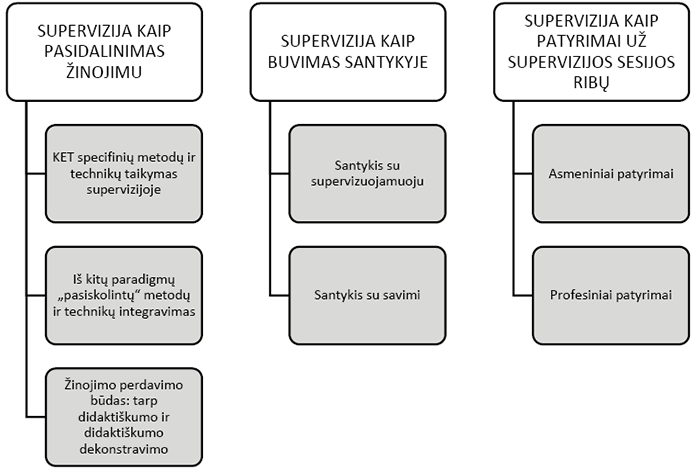 Teminės analizės rezultatai: temos ir potemės. Trys temos su jų potemių sąrašais pateiktos kaip hierarchinė schema. Paveiksle pavaizduota tyrimo teminės analizės schema, atskleidžianti tris pagrindines temas ir jų potemes, identifikuotas kokybinėje supervizorių patirčių analizėje.
1. Pirma tema: „Supervizija kaip pasidalinimas žinojimu“ – po šia tema yra surašytos trys potemės: KET specifinių metodų ir technikų taikymas supervizijoje; Iš kitų paradigmų „pasiskolintų“ metodų ir technikų integravimas; Žinojimo perdavimo būdas: tarp didaktiškumo ir didaktiškumo dekonstravimo.
2. Antra tema: „Supervizija kaip buvimas santykyje“ – dvi potemės: Santykis su supervizuojamuoju; Santykis su savimi; 
3. Trečia tema: „Supervizija kaip patyrimai už supervizijos sesijos ribų“ – dvi potemės: Asmeniniai patyrimai; Profesiniai patyrimai.
Visos temos pavaizduotos stulpelių pavidalu, kiekviena sujungta su jai priklausančiomis potemėmis stačiakampėmis figūromis. Schema struktūruoja kokybinės analizės išvadas ir atspindi, kaip supervizoriai konceptualizuoja supervizijos patirtį trijuose teminiuose lygmenyse.

