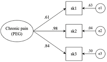 The figure presents a Confirmatory Factor Analysis (CFA) model illustrating the structure of the chronic pain factor (PEG) as measured by Pain Intensity, Enjoyment in Life and General Activity Scale (PEG). The latent variable, labeled “Chronic Pain (PEG)”, is depicted as an ellipse on the left. It has directional arrows pointing toward three observed variables – sk1, sk2, and sk3 – which are shown as rectangles aligned to the right. The standardized factor loadings from the latent variable to these observed variables are 0.61 for sk1, 0.98 for sk2, and 0.84 for sk3. Each observed variable is associated with a residual error term, represented by small circles labeled e1, e2, and e3. The error variances are 0.63 for e1, 0.04 for e2, and 0.30 for e3. This model visually represents how the latent construct of chronic pain is measured through its three observed indicators and their corresponding error terms.