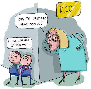 The image presents Andrei Mokijevski’s caricature, published on his open Facebook page on 3 December 2024. It depicts two boys standing behind the corner of a building marked with the word “School.” A teacher with blond, shoulder-length hair and glasses (closely resembling the current Minister of Education, Kristina Kallas) appears to be catching them in the act. The captions are in Estonian and disclose the following exchange:
Teacher: “Are you speaking Russian?”
Students: “No, we are just smoking.”