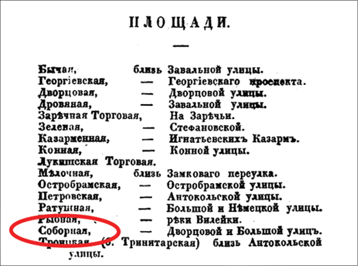 A vintage Russian text listing various street and square names with a red circle highlighting the names Sobornaya and Troitskaya.

Description generated by AI
