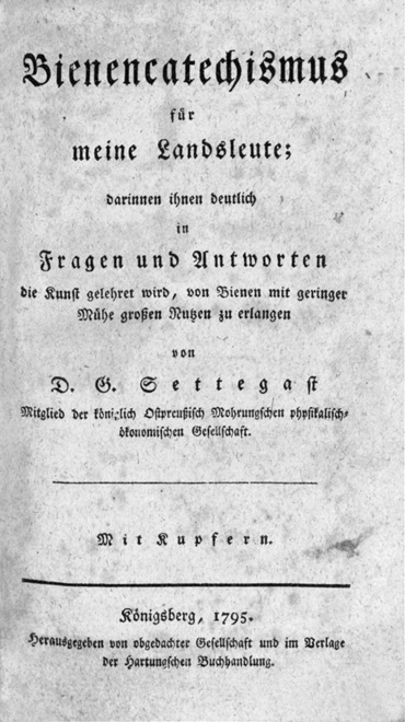 A historical book title page in German from 1795 with ornate blackletter and serif fonts describing a catechism about bees by D.G. Settegast published in Königsberg.

Description generated by AI