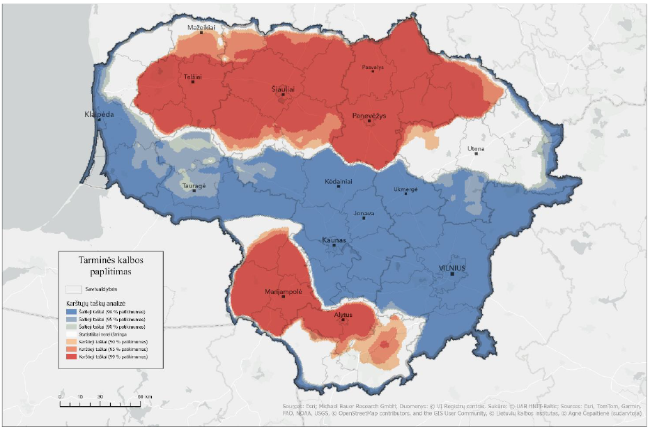 Lietuvos žemėlapyje skirtingomis spalvomis pavaizduoti apibendrinti tyrimui pasirinktų septynių gimnazijų moksleivių atsakymų į žemėlapio užduoties klausimą, kur kalbama tarmiškai, geoerdvinės analizės rezultatai (statistiškai reikšmingas tarminės kalbos vartojimo zonas). Raudona spalva rodo dažniausiai respondentų žymėtą tarminės kalbos paplitimo teritoriją – Panevėžio, Šiaulių, Telšių, Marijampolės apskričių, Alytaus r. sav. ir Varėnos r. sav. apylinkes; pilka spalva rodo statistiškai nereikšmingus plotus – didžiąją dalį Utenos apskrities, taip pat Skuodo r. sav., Kretingos r. sav., dalies Jurbarko r. sav., Lazdijų r. sav., Druskininkų r. sav. ir Varėnos r. sav. apylinkes; mėlyna spalva rodo rečiausiai žymėtą (su tarme nesietą) teritoriją – tai likęs Lietuvos plotas. Taip pat žemėlapyje pateikti didesniųjų Lietuvos miestų pavadinimai ir Lietuvos savivaldybių ribos