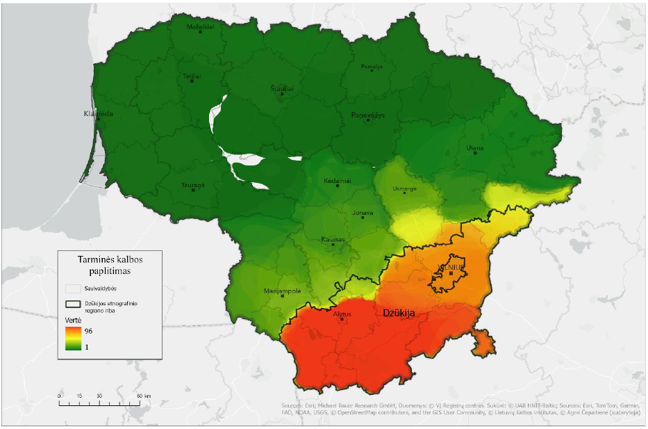 Lietuvos žemėlapyje skirtingomis spalvomis pavaizduoti apibendrinti tyrimui pasirinktų septynių gimnazijų moksleivių, kurie, atlikdami žemėlapio užduotį, žymėjo tarminės kalbos paplitimą ir įvardijo dzūkų tarmę, geoerdvinės analizės rezultatai ir Dzūkijos etnografinio regiono riba, nurodytas etnografinio regiono pavadinimas. Žemėlapyje raudona ir oranžine spalvomis pažymėta respondentų dažniausiai nurodyta ir įvardyta dzūkų tarmės paplitimo teritorija didžiąja dalimi sutampa su Dzūkijos etnografinio regiono ribomis. Pilka spalva žymi nedidelę teritoriją, aptariamų pateikėjų niekada nesietą su dzūkų tarme – tai pavienės gyvenamosios vietovės Šilalės r. sav., Telšių r. sav. ir Kelmės r. sav.; geltona spalva rodo rečiau žymėtus dzūkų tarmės paplitimo plotus – tai teritorija aplink Dzūkijos etnografinį regioną; žalia spalva rodo rečiausiai žymėtus dzūkų tarmės paplitimo plotus – tai visa likusi Lietuvos teritorija. Taip pat žemėlapyje pateikti didesniųjų Lietuvos miestų pavadinimai ir Lietuvos savivaldybių ribos