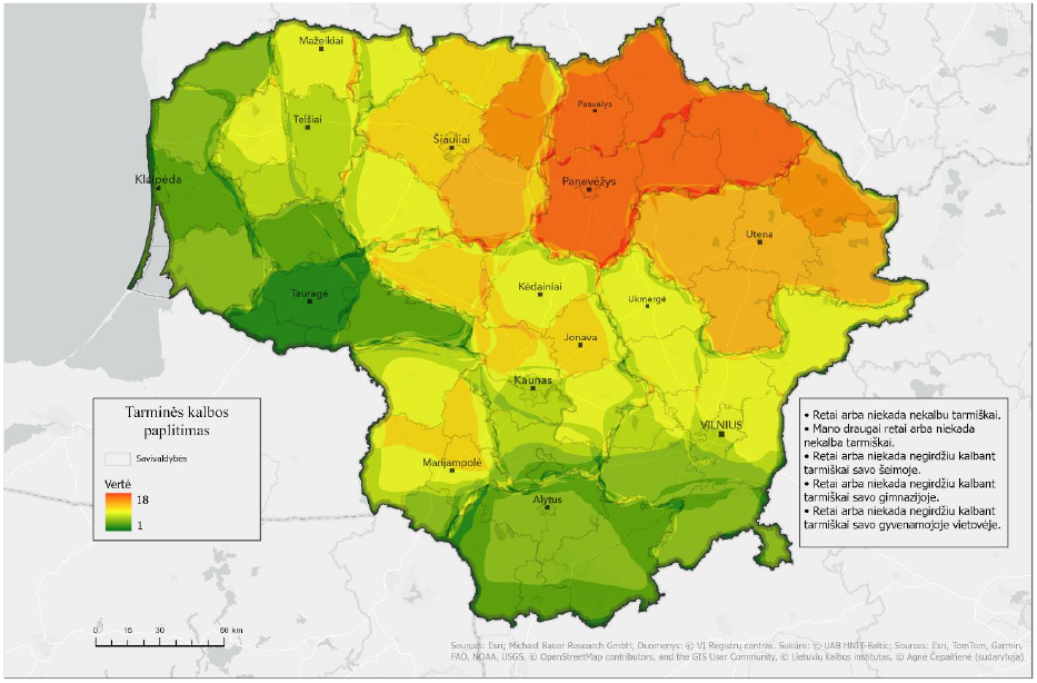 Lietuvos žemėlapyje skirtingomis spalvomis pavaizduoti apibendrinti tyrimui pasirinktų septynių gimnazijų moksleivių atsakymų į žemėlapio užduoties klausimą, kur kalbama tarmiškai, ir anketų atsakymų, kuriais deklaruota, kad nekalbama tarmiškai ir savo aplinkoje negirdima kalbant tarmiškai, geoerdvinės analizės rezultatai. Ryški oranžinė spalva rodo dažniausiai (iki 18 kartų) tarmiškai nekalbančių ir savo aplinkoje tarminės kalbos negirdinčių respondentų žymėtą tarminės kalbos paplitimo teritoriją – Panevėžio apskrities apylinkes; šviesesnė oranžinė spalva rodo panašiai dažnai žymėtą plotą – Utenos apskrities, Joniškio r. sav., Šiaulių r. sav., Pakruojo r. sav., Radviliškio r. sav., Raseinių r. sav., Jonavos r. sav., Kazlų Rūdos r. sav., Marijampolės r. sav., dalį Kauno m. ir r. sav., Vilkaviškio r. sav. apylinkių; geltona spalva rodo rečiau žymėtas teritorijas – Plungės r. sav., Mažeikių r. sav., Akmenės r. sav., Kelmės r. sav., Kėdainių r. sav., Ukmergės r. sav., Širvintų r. sav., Vilniaus m. ir r. sav., Švenčionių r. sav., dalį Marijampolės apskrities apylinkių; žalia spalva rodo rečiausiai žymėtus (su tarme nesietus) arealus – tai visa likusi Lietuvos teritorija. Taip pat žemėlapyje pateikti didesniųjų Lietuvos miestų pavadinimai ir Lietuvos savivaldybių ribos, klausimai, kurių atsakymų pagrindu parengtas žemėlapis