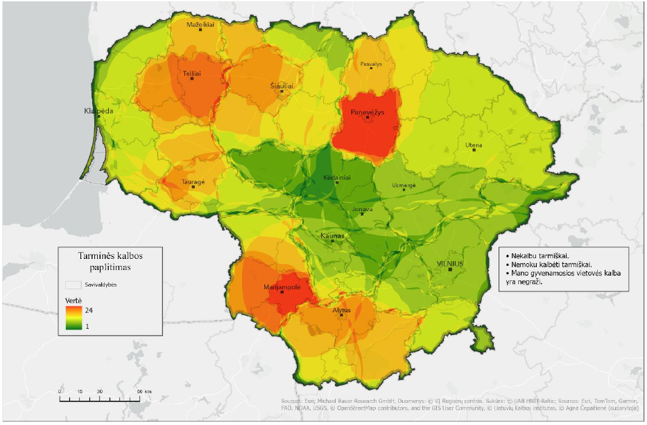 Lietuvos žemėlapyje skirtingomis spalvomis pavaizduoti apibendrinti tyrimui pasirinktų septynių gimnazijų moksleivių atsakymų į žemėlapio užduoties klausimą, kur kalbama tarmiškai, ir anketų atsakymų, kuriais deklaruota, kad nekalbama tarmiškai ir gyvenamosios vietovės kalba yra negraži, geoerdvinės analizės rezultatai. Raudona spalva rodo dažniausiai (iki 24 kartų) tarmiškai nekalbančių ir gyvenamosios vietovės kalbą neigiamai vertinančių respondentų žymėtą tarminės kalbos paplitimo teritoriją – Panevėžio m. ir r. sav., Marijampolės r. sav. apylinkes; oranžinė spalva rodo panašiai žymėtą plotą – Telšių apskrities, Akmenės r. sav., Šiaulių r. sav., Kelmės r. sav., Šilalės r. sav., Tauragės r. sav., Marijampolės apskrities, Lazdijų r. sav., Alytaus r. sav., Varėnos r. sav. apylinkes; geltona spalva rodo rečiau žymėtą teritoriją – Radviliškio r. sav., Pakruojo r. sav., Pagėgių r. sav., Druskininkų r. sav. apylinkes; žalia spalva rodo rečiausiai žymėtus (su tarme nesietus) arealus – tai visa likusi Lietuvos teritorija. Taip pat žemėlapyje pateikti didesniųjų Lietuvos miestų pavadinimai ir Lietuvos savivaldybių ribos, klausimai, kurių atsakymų pagrindu parengtas žemėlapis