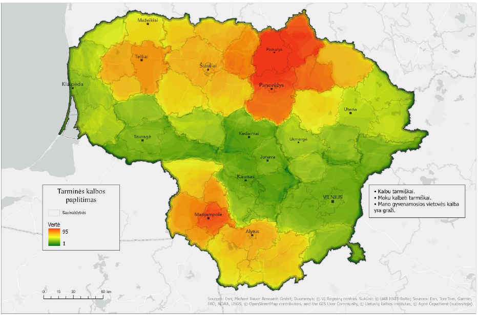 Lietuvos žemėlapyje skirtingomis spalvomis pavaizduoti apibendrinti tyrimui pasirinktų septynių gimnazijų moksleivių atsakymų į žemėlapio užduoties klausimą, kur kalbama tarmiškai, ir anketų atsakymų, kuriais deklaruota, kad kalbama tarmiškai ir gyvenamosios vietovės kalba yra graži, geoerdvinės analizės rezultatai. Raudona spalva rodo dažniausiai (iki 95 kartų) tarmiškai kalbančių ir gyvenamosios vietovės kalbą teigiamai vertinančių respondentų žymėtą tarminės kalbos paplitimo teritoriją – Pasvalio r. sav., Panevėžio m. ir r. sav., Biržų r. sav. apylinkes; šviesesnė rausva spalva rodo panašiai dažnai žymėtus plotus – Kupiškio r. sav. ir Marijampolės r. sav. apylinkes; oranžinė spalva rodo dažnai žymėtą arealą – Šiaulių ir Telšių apskričių, Šakių r. sav., Vilkaviškio r. sav., Kalvarijos r. sav., Alytaus r. sav., Varėnos r. sav., dalies Lazdijų r. sav., Rokiškio r. sav. apylinkes; geltona spalva rodo rečiau žymėtą teritoriją – Anykščių r. sav., Skuodo r. sav., Kretingos r. sav., dalies Lazdijų r. sav., Druskininkų r. sav. apylinkes; žalia spalva rodo rečiausiai žymėtą (su tarme nesietą) teritoriją – tai likęs Lietuvos plotas. Taip pat žemėlapyje pateikti didesniųjų Lietuvos miestų pavadinimai ir Lietuvos savivaldybių ribos, klausimai, kurių atsakymų pagrindu parengtas žemėlapis