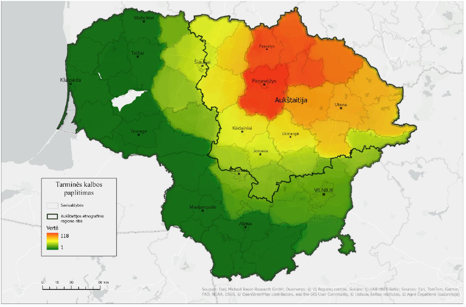 Lietuvos žemėlapyje skirtingomis spalvomis pavaizduoti apibendrinti tyrimui pasirinktų septynių gimnazijų moksleivių, kurie, atlikdami žemėlapio užduotį, žymėjo tarminės kalbos paplitimą ir įvardijo aukštaičių tarmę, geoerdvinės analizės rezultatai ir Aukštaitijos etnografinio regiono riba, nurodytas etnografinio regiono pavadinimas. Žemėlapyje raudona, oranžine ir geltona spalvomis pažymėta respondentų dažniausiai nurodyta ir įvardyta aukštaičių tarmės paplitimo teritorija didžiąja dalimi sutampa su Aukštaitijos etnografinio regiono ribomis. Pilka spalva žymi mažą teritoriją, aptariamų pateikėjų niekada nesietą su aukštaičių tarme – tai Šilalės r. sav. apylinkės; žalia spalva rodo rečiausiai žymėtus aukštaičių tarmės paplitimo plotus – tai visa likusi Lietuvos teritorija. Taip pat žemėlapyje pateikti didesniųjų Lietuvos miestų pavadinimai ir Lietuvos savivaldybių ribos
