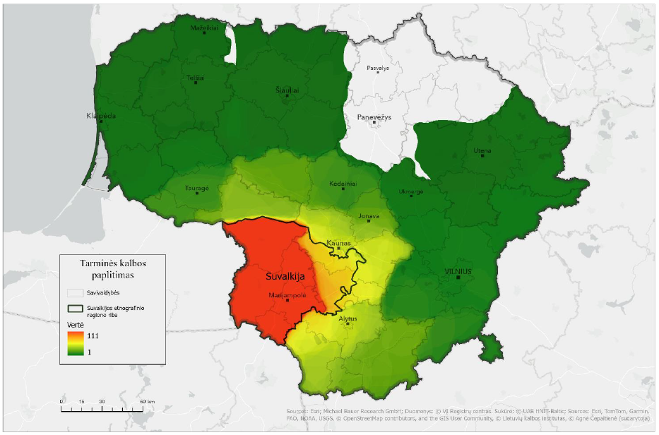 Lietuvos žemėlapyje skirtingomis spalvomis pavaizduoti apibendrinti tyrimui pasirinktų septynių gimnazijų moksleivių, kurie, atlikdami žemėlapio užduotį, žymėjo tarminės kalbos paplitimą ir įvardijo suvalkiečių, suvalkų tarmę, geoerdvinės analizės rezultatai ir Suvalkijos etnografinio regiono riba, nurodytas etnografinio regiono pavadinimas. Žemėlapyje raudona ir oranžine spalvomis pažymėta respondentų dažniausiai nurodyta ir įvardyta suvalkiečių, suvalkų tarmės paplitimo teritorija didžiąja dalimi sutampa su Suvalkijos etnografinio regiono ribomis. Pilka spalva žymi teritoriją, aptariamų pateikėjų niekada nesietą su žemaičių tarme – tai Panevėžio apskrities apylinkės; geltona spalva rodo rečiau žymėtus suvalkiečių, suvalkų tarmės paplitimo plotus – tai teritorija aplink Suvalkijos etnografinį regioną; žalia spalva rodo rečiausiai žymėtus suvalkiečių, suvalkų tarmės paplitimo plotus – tai visa likusi Lietuvos teritorija. Taip pat žemėlapyje pateikti didesniųjų Lietuvos miestų pavadinimai ir Lietuvos savivaldybių ribos