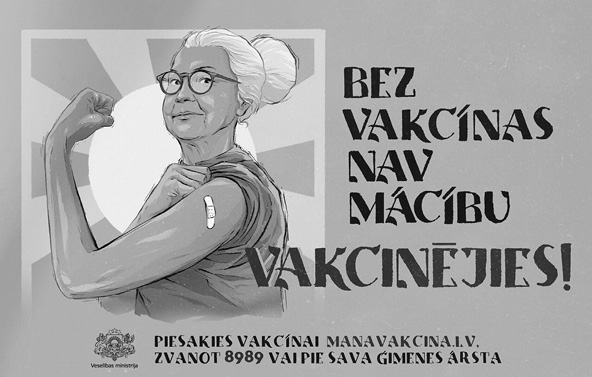 A senior person with glasses and hair in a bun flexes their arm showing a bandage after vaccination with bold text in a stylized font promoting vaccination in Latvian.
Description generated by AI
