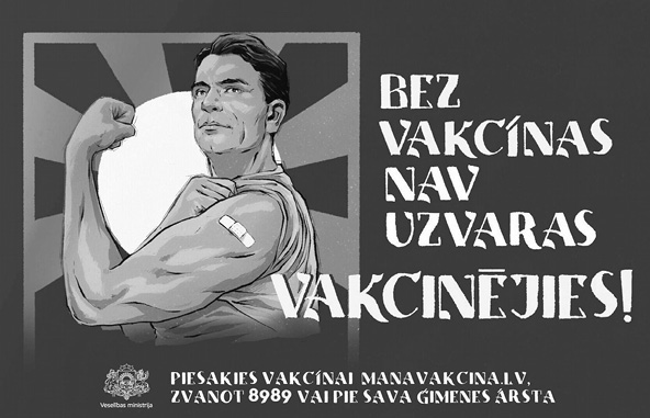 A person flexes their arm with a bandage on the upper arm in a vintage-style vaccination poster with bold text encouraging vaccination.
Description generated by AI