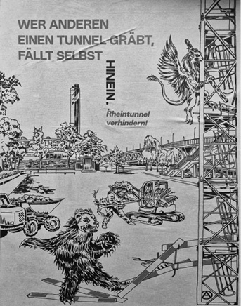 A detailed black and white drawing shows a construction site with a crane, workers, and a large furry creature, alongside German text warning against digging a tunnel, with a griffin perched on the crane.

Description generated by AI