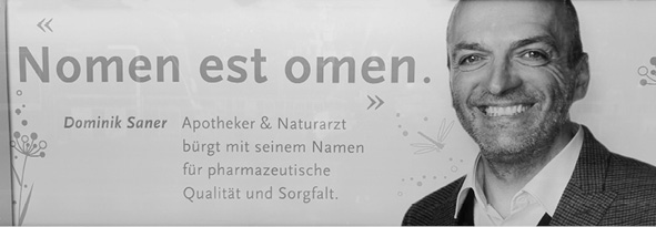A smiling person with short hair and a beard stands next to text in German promoting pharmaceutical quality and care by Dominik Saner, pharmacist and naturopath.
Description generated by AI
